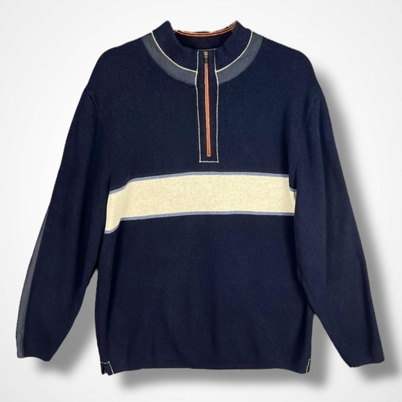 Tommy Bahama Other - Tommy Bahama‎ Jeans Sweater Mens XL Navy Cream Quarter Zip Mock Neck Stripe Knit